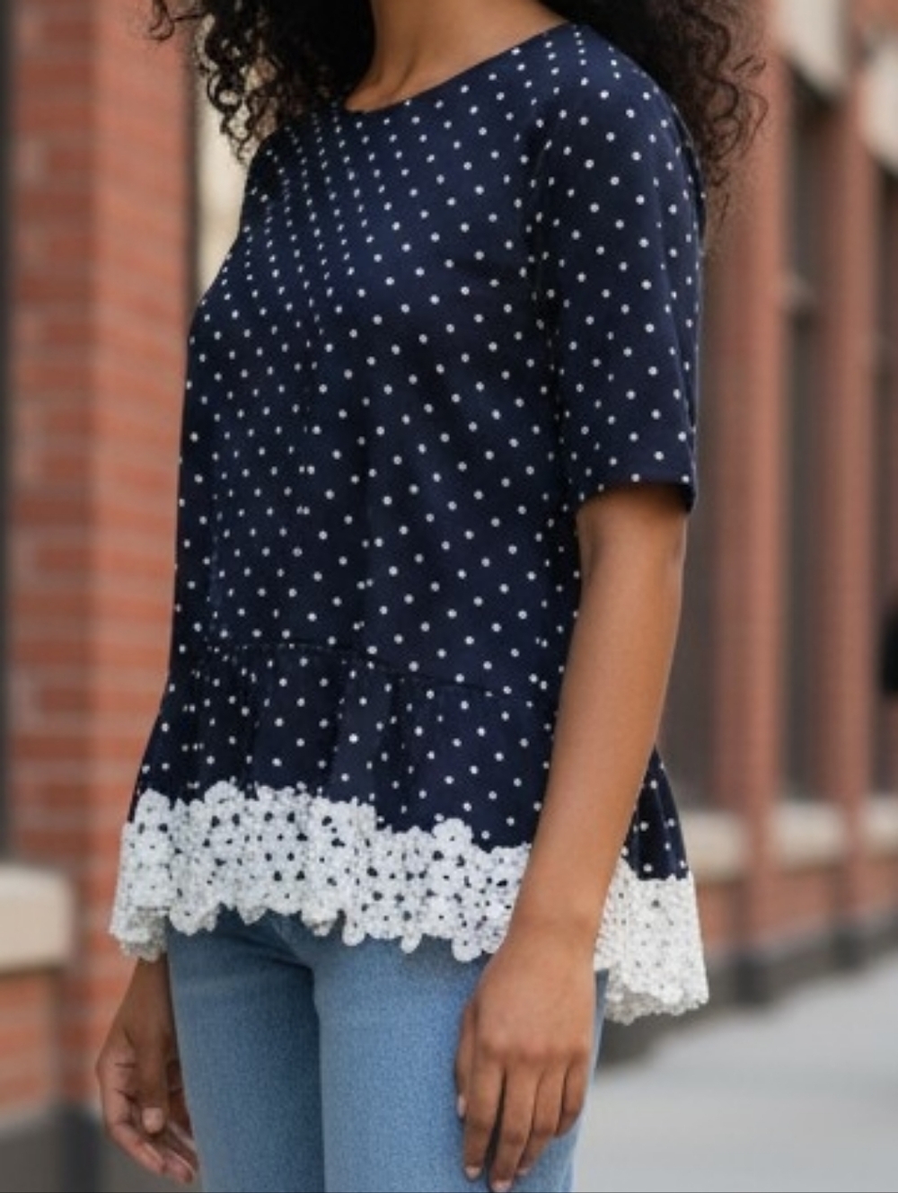 Suzy Shier Navy Lace Polka Top 4563